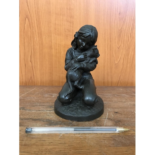 174 - Bronze Figurine of Girl with Cat Signed 'P.Parsons'