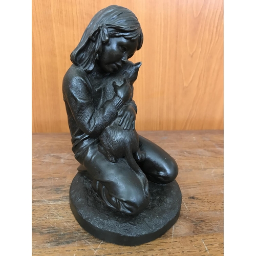 174 - Bronze Figurine of Girl with Cat Signed 'P.Parsons'