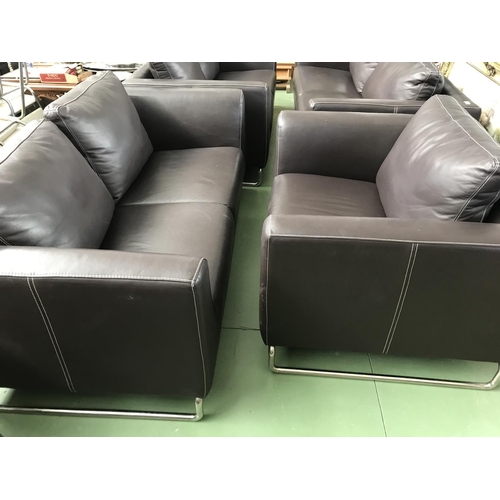 592 - Modern Brown Leather and Metal 2-Seat Sofa and Armchair