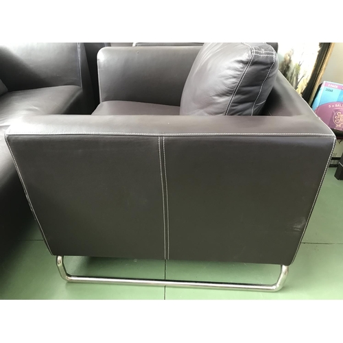 592 - Modern Brown Leather and Metal 2-Seat Sofa and Armchair