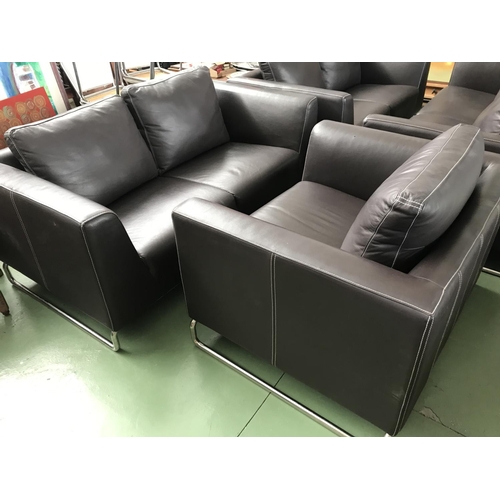 592 - Modern Brown Leather and Metal 2-Seat Sofa and Armchair