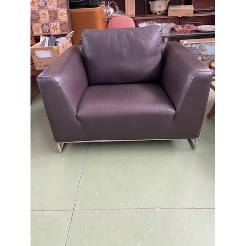 592 - Modern Brown Leather and Metal 2-Seat Sofa and Armchair