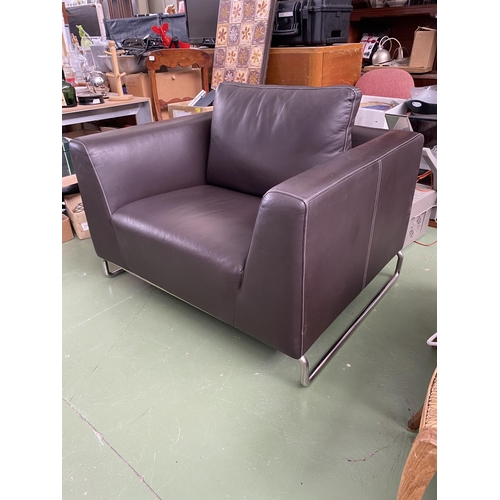 592 - Modern Brown Leather and Metal 2-Seat Sofa and Armchair