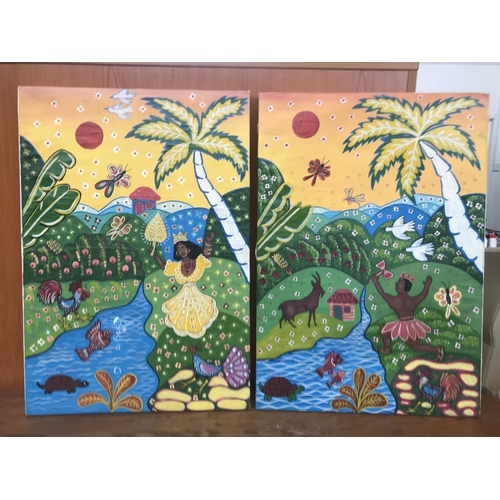 607 - x2 Naive Art Authentic Cuba Canvas Paintings (45 x 64cm/each)