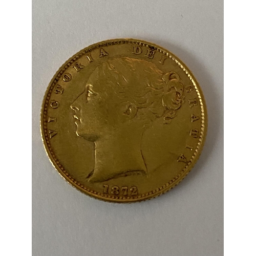 45 - 1872 British Gold Sovereign Victoria Young Head Shield (Avg. Circ)