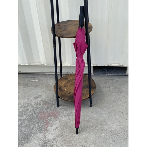 101 - Modern Metal Cloth Stand with 2 Wooden Shelves and Large Fuxia Umbrella