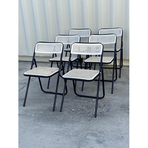 126 - Set of 6 Metal Chairs with Plastic Rattan Seats Together with 6 Red Square Cushions