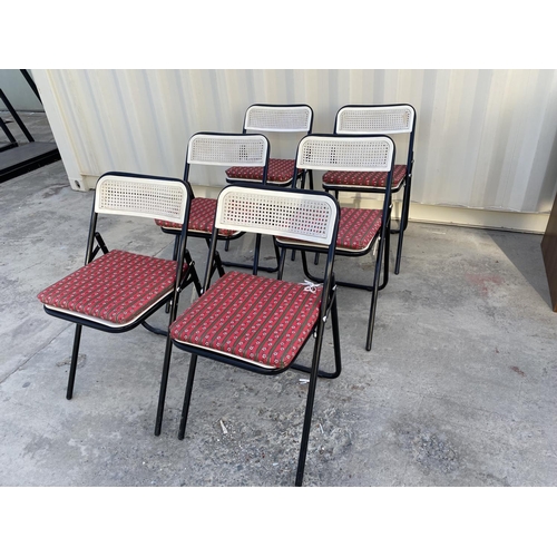 126 - Set of 6 Metal Chairs with Plastic Rattan Seats Together with 6 Red Square Cushions
