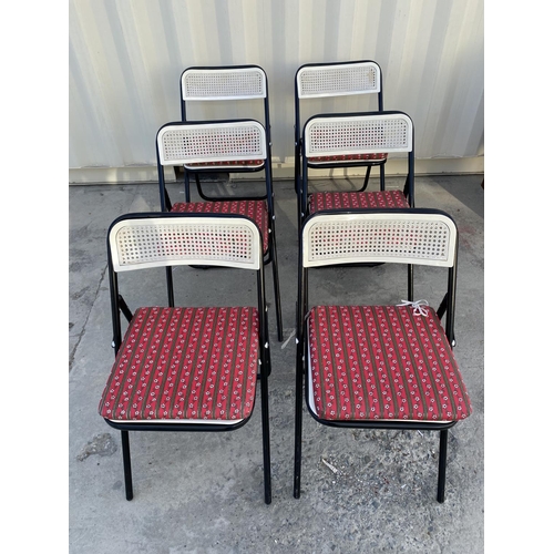 126 - Set of 6 Metal Chairs with Plastic Rattan Seats Together with 6 Red Square Cushions