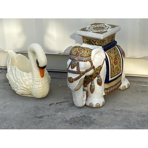 127 - x2 Large Ceramic Elephant Plant Stand and Floral Swan Planter Vase
