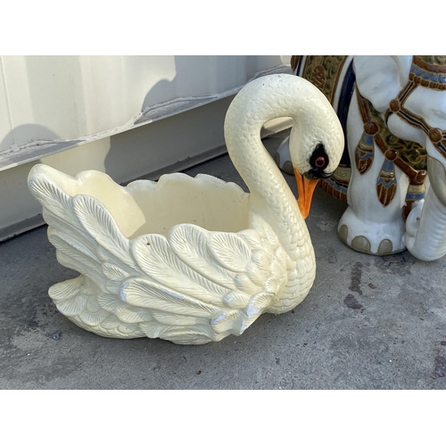 127 - x2 Large Ceramic Elephant Plant Stand and Floral Swan Planter Vase