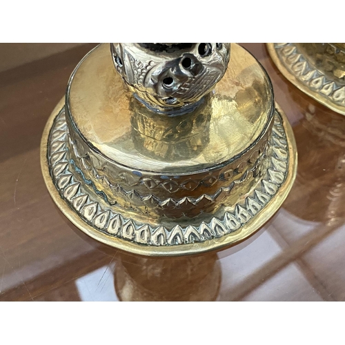 62 - Pair of Hand Engraved Persian Solid Brass Candle Sticks (H. 12.5 cm)