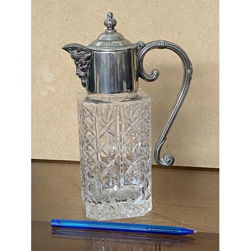 5 - Rare Silver Plated Small Rectangular Cut Glass Decanter/Claret Jug with Bacchus Face Spout (H. 21cm)