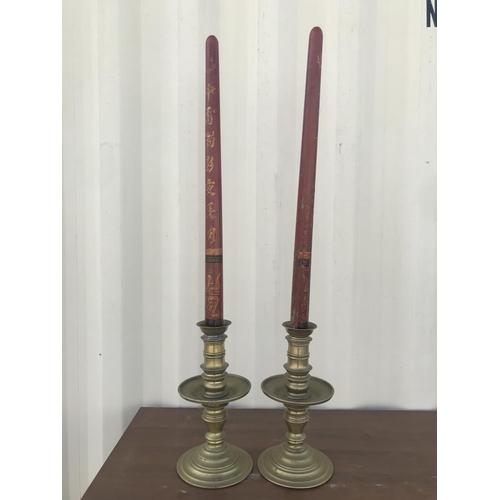 51 - x2 Antique Tall Solid Brass Floor Standing Candle Holders with Wooden Oriental Candle Shaped Ornamen... 