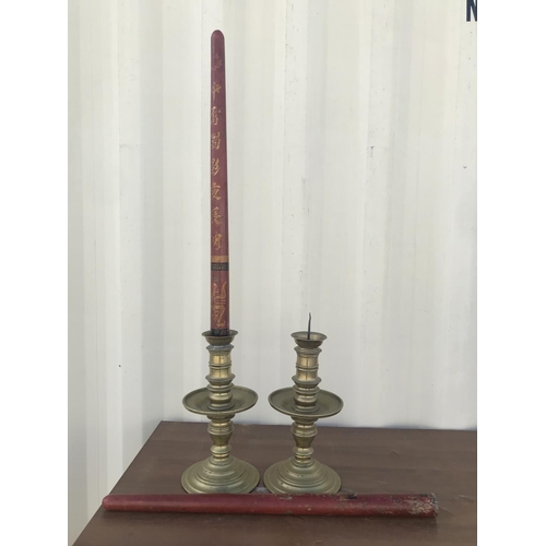51 - x2 Antique Tall Solid Brass Floor Standing Candle Holders with Wooden Oriental Candle Shaped Ornamen... 
