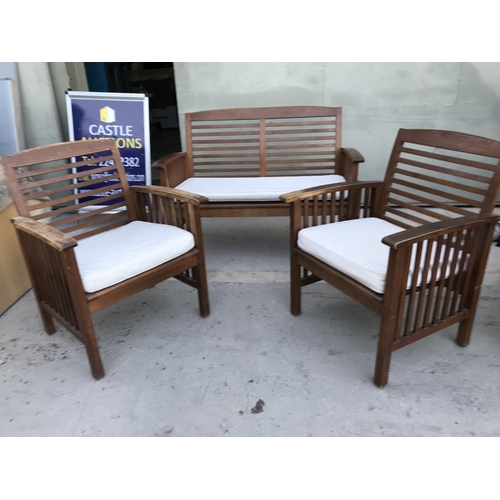 53 - Outdoor Patio Cushioned Wooden Furniture Set Comprising 2-Seat Sofa and 2 Armchairs