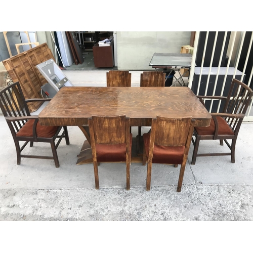 154 - Retro Wooden Art Deco Dining Table with 6 Upholstered Matching Chairs (Needs Attention)