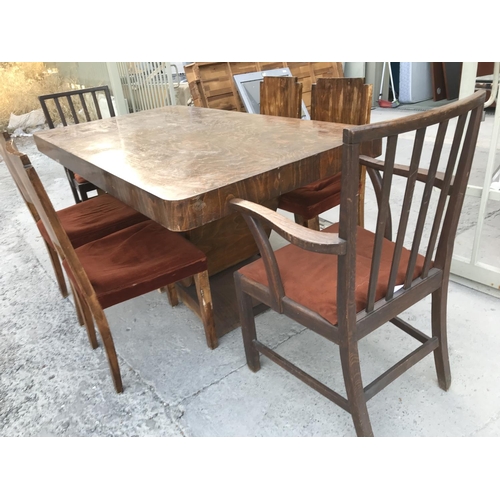 154 - Retro Wooden Art Deco Dining Table with 6 Upholstered Matching Chairs (Needs Attention)