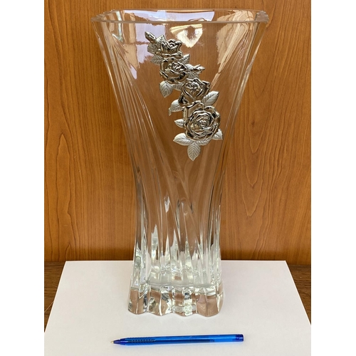 155 - Large Glass Vase with Silver Color Details (33cm H.)