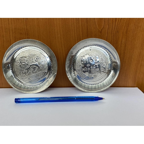 108 - x2 Small Silver 830 Dishes/Ashtrays Embossed with Winged Lion and Kolossi Castle (80.9gr., 9.5cm Dia... 