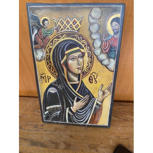 94 - Vintage Russian Egg-Tempera Virgin Mary Icon on Wood (22 x 35cm)