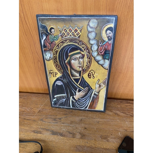 94 - Vintage Russian Egg-Tempera Virgin Mary Icon on Wood (22 x 35cm)