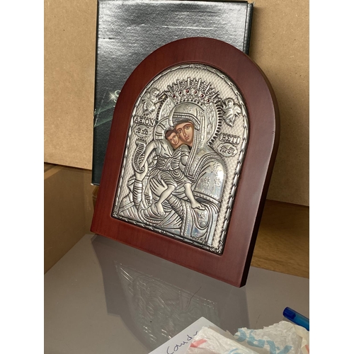 49 - Slevori Axion Esti Silver 925 Laminated Orthodox Church Icon (Unused, Boxed)