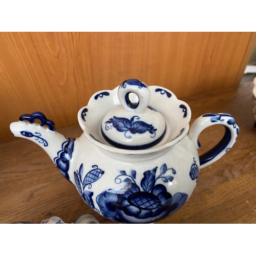 4 - Russian Gzhel Samovar Hand Painted Cobalt Blue and Teapot