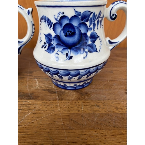 14 - x2 Russian Gzhel Hand Painted Cobalt Blue Porcelain Tea Mugs and Candy Bowl