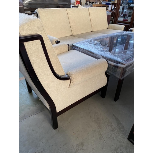 359 - Teak Wood Finland 3-Seat Sofa with 2 Armchairs Upholstered in Beige Fabric Together with Large Match... 