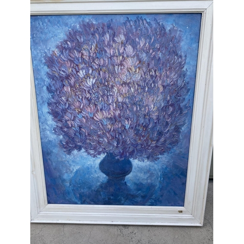 143 - Large Canvas Painting Themed 'Flowers' with White Wooden Frame Signed by Russian Artist 'Oleg Frolov... 