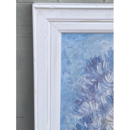 144 - Large Canvas Painting Themed 'Flowers' with White Wooden Frame Signed by Russian Artist 'Oleg Frolov... 