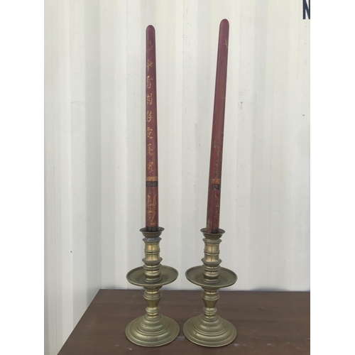 146 - x2 Antique Tall Solid Brass Floor Standing Candle Holders with Wooden Oriental Candle Shaped Ornamen... 