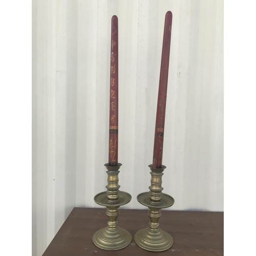 146 - x2 Antique Tall Solid Brass Floor Standing Candle Holders with Wooden Oriental Candle Shaped Ornamen... 