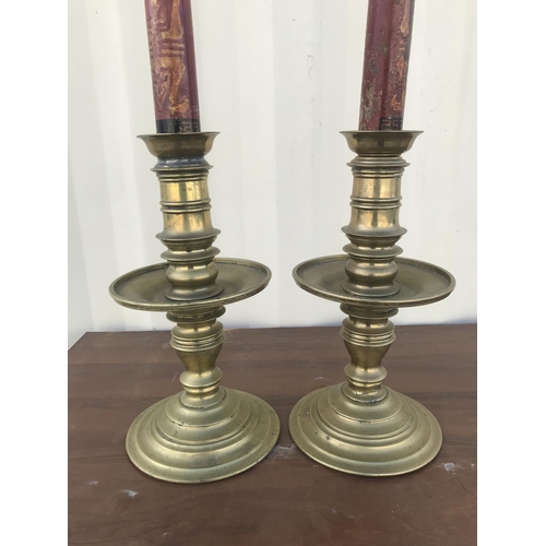 146 - x2 Antique Tall Solid Brass Floor Standing Candle Holders with Wooden Oriental Candle Shaped Ornamen... 