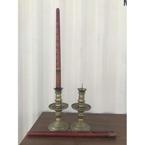 146 - x2 Antique Tall Solid Brass Floor Standing Candle Holders with Wooden Oriental Candle Shaped Ornamen... 