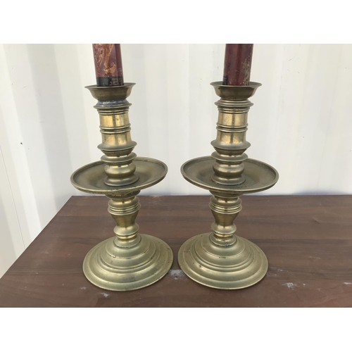 146 - x2 Antique Tall Solid Brass Floor Standing Candle Holders with Wooden Oriental Candle Shaped Ornamen... 