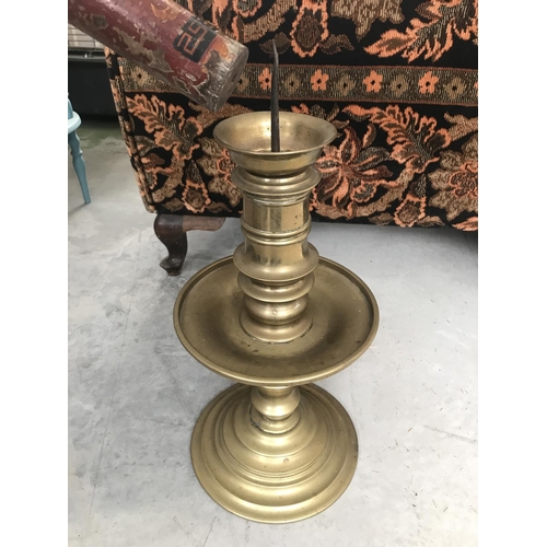 146 - x2 Antique Tall Solid Brass Floor Standing Candle Holders with Wooden Oriental Candle Shaped Ornamen... 