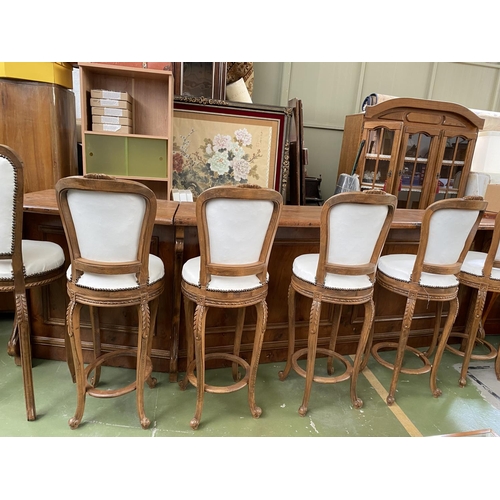 712 - Very Large Walnut Veneer Bar Unit with 6 Hand Carved Leather Upholstered Bar Stools (345 W. x 60 D. ... 