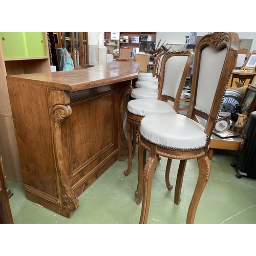 712 - Very Large Walnut Veneer Bar Unit with 6 Hand Carved Leather Upholstered Bar Stools (345 W. x 60 D. ... 