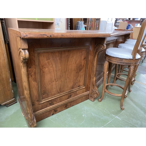 712 - Very Large Walnut Veneer Bar Unit with 6 Hand Carved Leather Upholstered Bar Stools (345 W. x 60 D. ... 