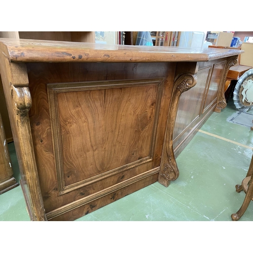 712 - Very Large Walnut Veneer Bar Unit with 6 Hand Carved Leather Upholstered Bar Stools (345 W. x 60 D. ... 