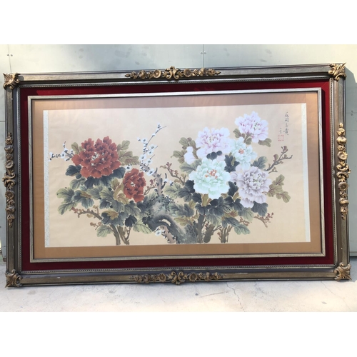 616 - Vintage Very Large Hand Painting on Silk in Ornate Wooden Frame (174 x 111cm)