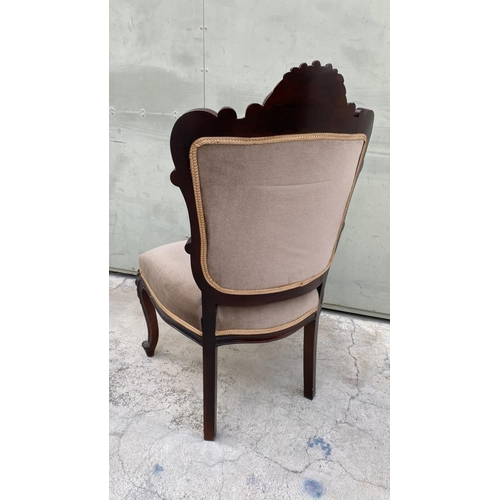 58 - x2 French Style Vintage Salon Armchairs Upholstered in Beige Velour Fabric