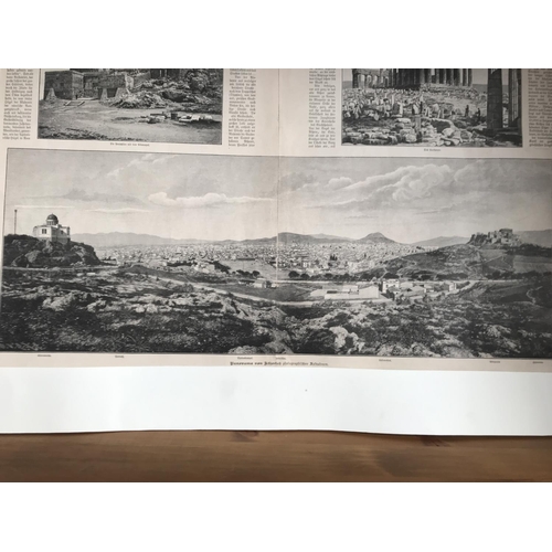 341 - Large Antique 1800's Gravure with Panorama of Athens and Acropolis Depictions (63 x 45cm)