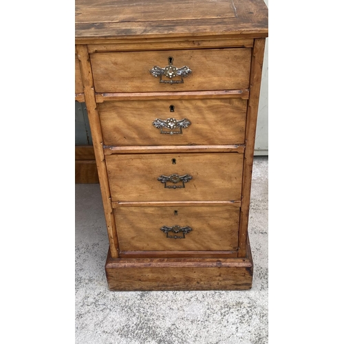 10 - Very Old Wooden 9-Drawer Pedestal Kneehole Desk (117 L. x 54 D. x 71cm H.)