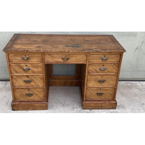 10 - Very Old Wooden 9-Drawer Pedestal Kneehole Desk (117 L. x 54 D. x 71cm H.)