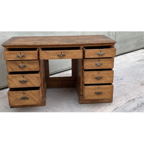 10 - Very Old Wooden 9-Drawer Pedestal Kneehole Desk (117 L. x 54 D. x 71cm H.)