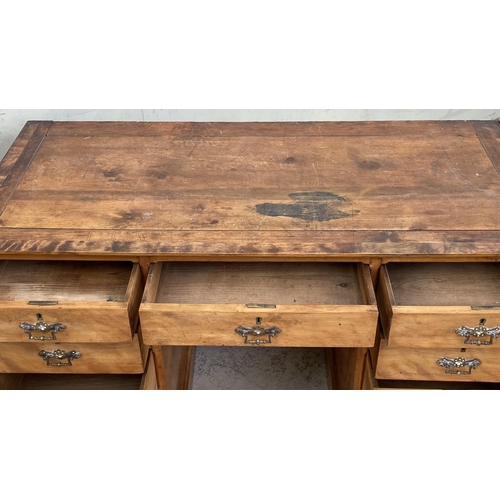 10 - Very Old Wooden 9-Drawer Pedestal Kneehole Desk (117 L. x 54 D. x 71cm H.)