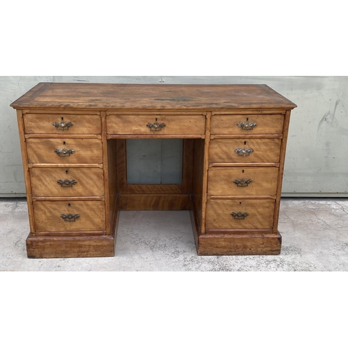 10 - Very Old Wooden 9-Drawer Pedestal Kneehole Desk (117 L. x 54 D. x 71cm H.)